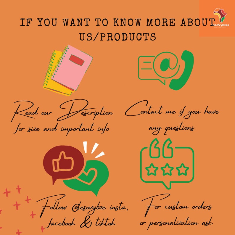 May include: Orange background with a graphic illustration of a notebook, a phone with an email icon, a thumbs up and heart, and a speech bubble with three stars. The text reads "IF YOU WANT TO KNOW MORE ABOUT US/PRODUCTS Read our Description for size and important info Contact me if you have any questions Follow @desovybe insta, facebook & tiktok For custom orders or personalization ask"