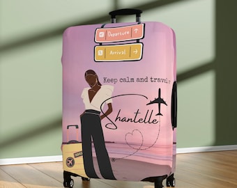 Personalized Luggage Cover, Black Woman Travel, Luggage Protector, Custom Name Text Monogram Suitcase Protector Travel  Suit Case Cover