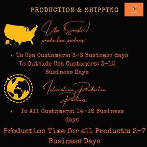 May include: A graphic with orange text on a black background outlining production and shipping times for customers in the US and internationally. The graphic includes a map of the US and a globe. The text states that production time for all products is 2-7 business days. Shipping times for US customers are 3-6 business days and 3-10 business days for customers outside the US. Shipping times for all international customers are 14-16 business days.