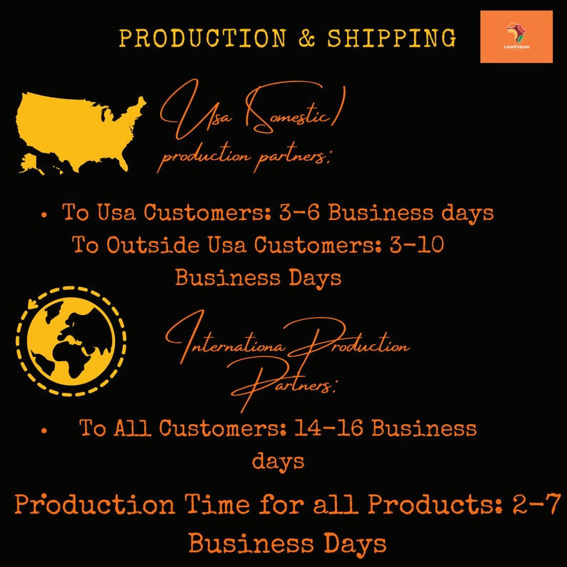 May include: A graphic with orange text on a black background outlining production and shipping times for customers in the US and internationally. The graphic includes a map of the US and a globe. The text states that production time for all products is 2-7 business days. Shipping times for US customers are 3-6 business days and 3-10 business days for customers outside the US. Shipping times for all international customers are 14-16 business days.