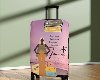 Personalized Luggage Cover, Black Woman Travel, Luggage Protector, Custom Name Text Monogram Suitcase Protector Travel  Suit Case Cover