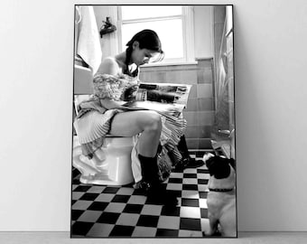 Girl Woman reading Magazine in the Bathroom Toilet Print, black and white Funny Bathroom Wall Art Photography Quality Home Decor Gift