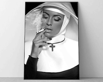 Nun Smokes Cigarette Poster, Vintage Photo, Black and White Wall Art Decor Living room Wall Decor Photography Minimalist housewarming Gift