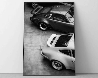An old Vintage Porsche 911 cars Print Poster, black and white vehicle photography Living room Wall Decor Minimalist housewarming Gift