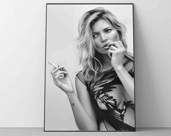 Kate Moss Cigarette Poster Print, Black and White Wall Art Bedroom Living room Wall Art Decor Photography Minimalist housewarming Gift