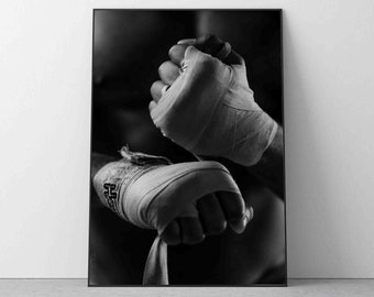 Wrapping Hands Fighting Boxer Boxing Gloves Poster Print, black white minimalist Vintage Retro Art Photography Quality Picture Home Decor