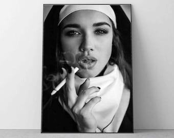 Nun Smokes Cigarette 2 Poster, Vintage Photo, Black and White Wall Art Decor Living room Wall Decor Photography Minimalist housewarming Gift