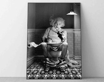 Albert Einstein Physiker auf Toilette Druck, schwarz und weiß Lustige Badezimmer Wand Kunst Fotografie Premium Qualität Bild Home Decor