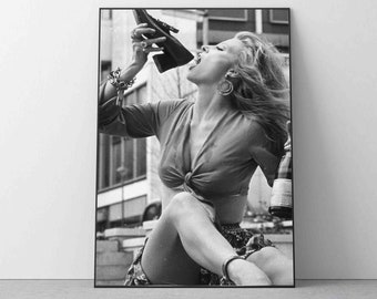 Woman Drinking Champagne Poster, Photo Print, Black and White Funny Home Decor Wall Art Photography Minimalist housewarming Gift