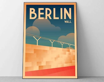 Puede incluir: Un póster de estilo vintage con el texto "BERLIN WALL" en fuente amarilla sobre un fondo azul oscuro. El póster presenta una ilustración estilizada del Muro de Berlín con alambre de púas y un camino rojo que conduce a él.