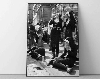 Nuns Drinking Poster, Vintage Photo Print, Black and White Funny Art Decor Living room Wall Decor Photography Minimalist housewarming Gift