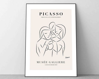 Pablo Picasso Couple Print, Vintage Minimalist Line Drawing Exhibition Poster, Home Decor Wall Art, Gift Print, French Artist
