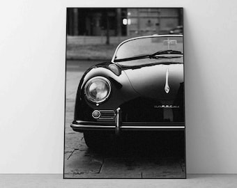 An old Vintage Porsche Print Poster, black and white vehicle photography Living room Wall Decor Minimalist housewarming Gift