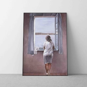 May include: A woman in a white dress stands by a window looking out at a body of water. The window is open and the curtains are drawn back. The water is calm and the sky is blue.