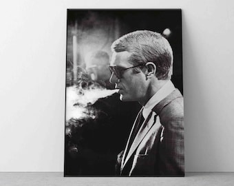 Steve McQueen Print, black and white Poster Bullitt Movie Actor Retro Vintage Classic Art Photography Premium Quality Picture Home Decor