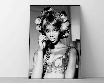 Naomi Campbell On Telephone Poster Print, Black and White Wall Art Bedroom Living room Wall Decor Photography Minimalist housewarming Gift