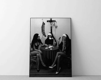 Nuns Cigarette Poster, Vintage Photo Print, Black and White Funny Art Decor Living room Wall Decor Photography Minimalist housewarming Gift