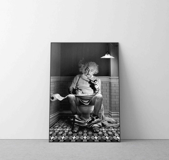 Albert Einstein Physicist on Toilet  Print, black and white Funny Bathroom Wall Art Photography Premium Quality Picture Home Decor