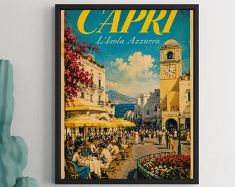 Póster de viaje de Capri / Lámina vintage de la isla italiana para pared / Regalo de Italia / Póster de L'Isola Azzurra / Arte de los Faraglioni / Decoración mediterránea