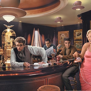 May include: A vintage-style cafe scene with four people, including a woman in a pink dress talking on a rotary phone. The cafe has a dark wood bar, a large espresso machine, and framed artwork on the walls.