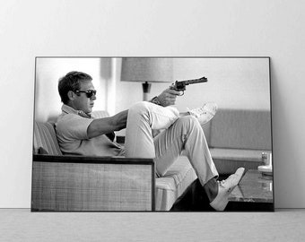 Steve McQueen Print, black and white Poster Bullitt Movie Actor Retro Vintage Classic Art Photography Premium Quality Picture Home Decor