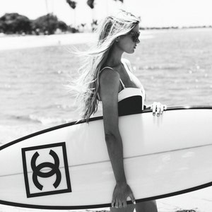 TIKI SOUL Surfboards - Surf & Beach Decor - Custom Chanel No. 5 decorative  surfboard. #chanelsurfboard