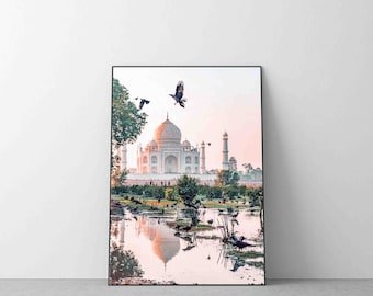 Taj Mahal Print Poster,  river Yamuna in Agra Wall Art, India Landmark Muslim Art masterpiece, Premium Quality Picture Home Decor