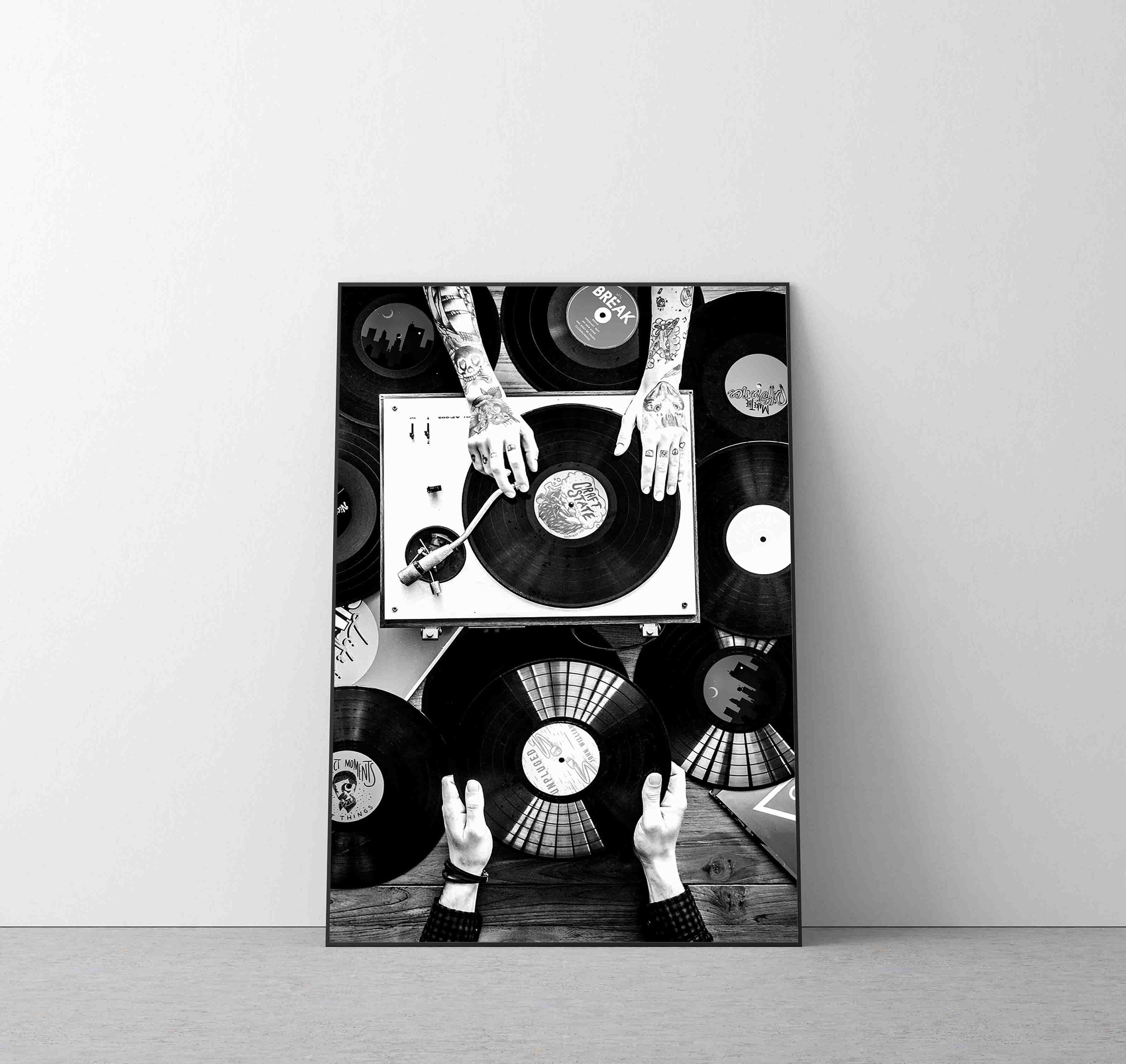 Vinyl Player DJ Print Poster, Black and White Wall Art Retro