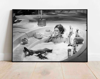 Brigitte Bardot Print, black and white Bathtub Bubble bath Movie set Vintage Retro Art Photography Premium Quality Picture Home Decor