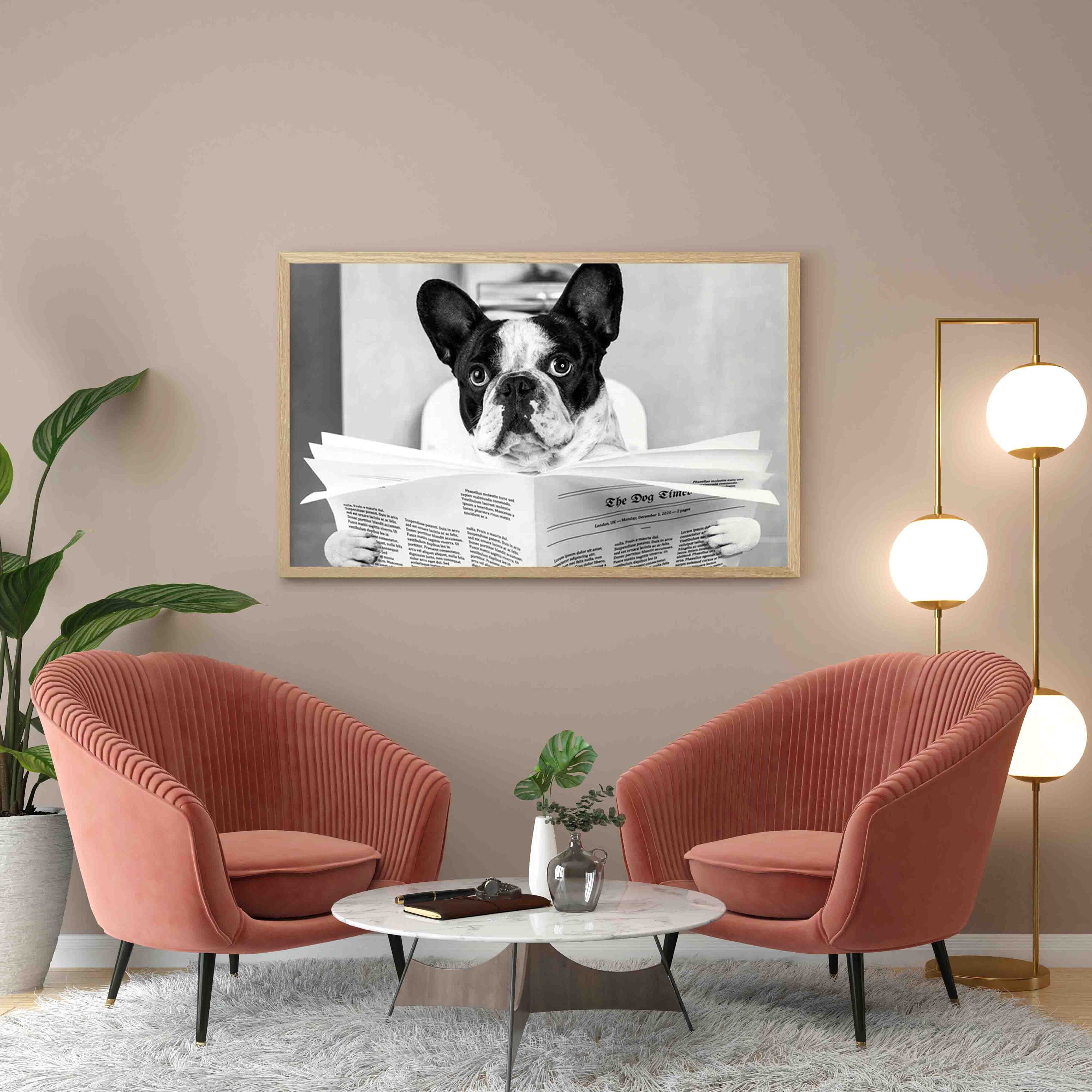 Frenchie Reading on Toilet Print, Black and White Pet Dog Funny ...