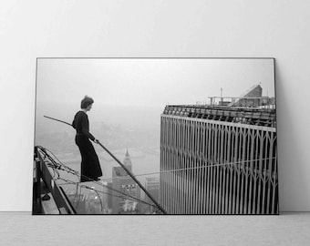 Twin Towers Rope Walk 1971 Druck, Kultig schwarz weiß World Trade Center Poster Wand Dekor Vintage Bar Art Fotografie Premium Qualität