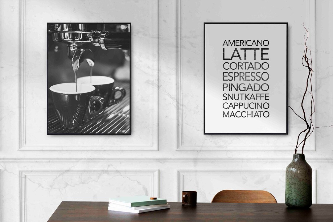 set of 8 kitchen prints, coffee print set, fork spoon... Set of 2 Espresso Cappucino Coffee Print, Coffe Grinder Black and White ...