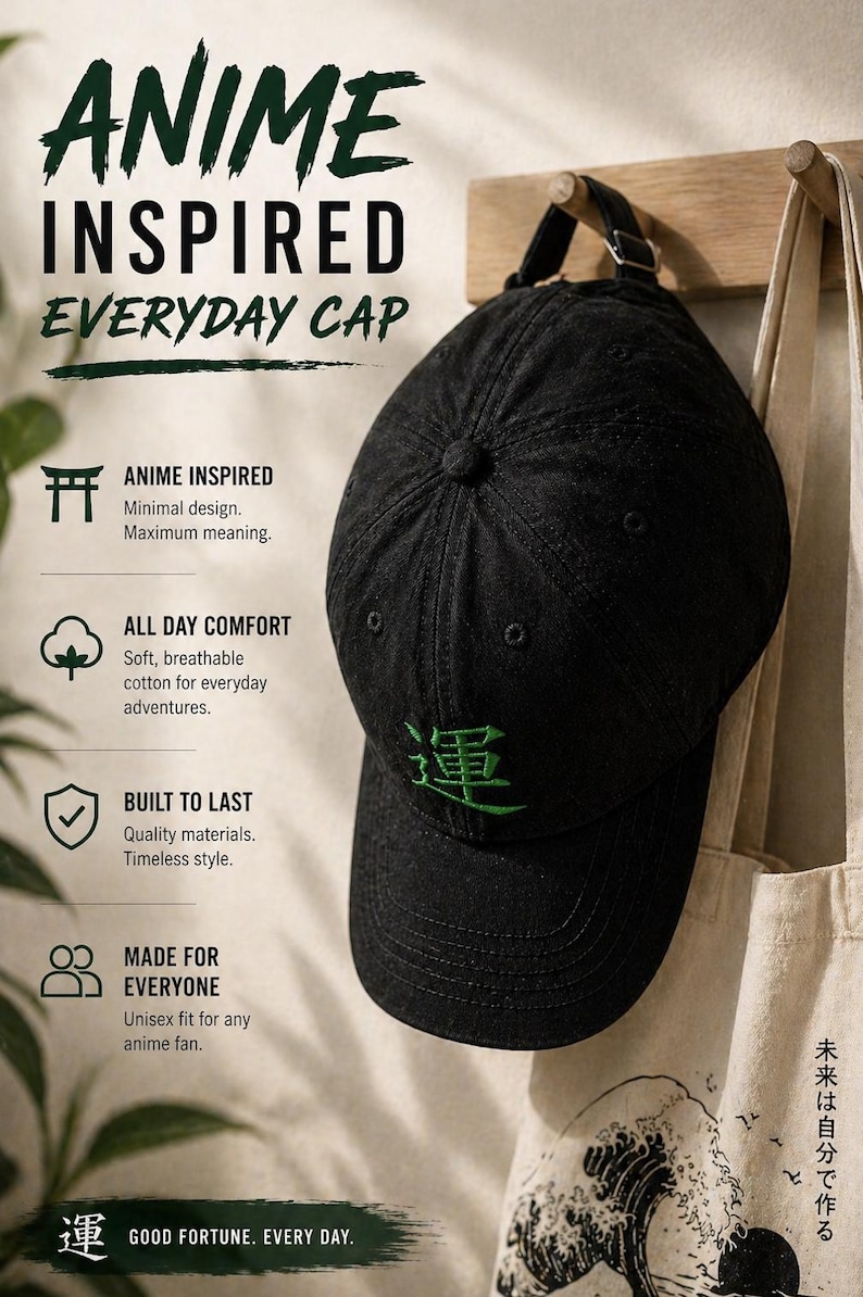 May include: Black baseball cap with the text "ANIME INSPIRED EVERYDAY CAP". The cap has green Japanese characters embroidered on the front. The cap is hanging on a wooden peg. A tote bag with Japanese text is hanging next to the cap.