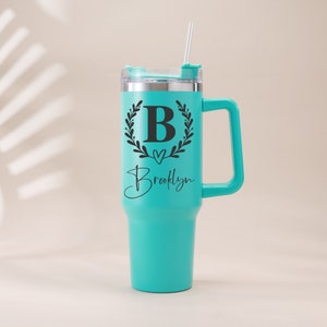 Personalized 40oz Tumbler With Handle, Lid and Straw, Stainless Steel Engraved Tumbler, Personalized Bridesmaid Gift, Mother&#39;s Day Gift