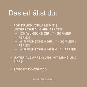 Puede incluir: Un gr&aacute;fico digital beige con el texto en alem&aacute;n Das erh&auml;ltst du, que enumera una plantilla de impresi&oacute;n PDF con cinco textos diferentes, incluidos Ich w&uuml;nsche dir y Wir w&uuml;nschen dir para vacaciones de verano, recomendaciones de materiales y descarga.