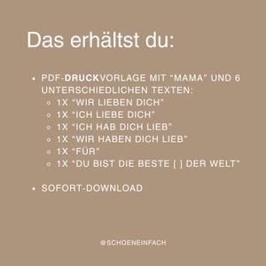 Puede incluir: Un dise&ntilde;o gr&aacute;fico de color beige con texto blanco. El texto dice "Das erh&auml;ltst du:" seguido de una lista de plantillas de impresi&oacute;n PDF con varias frases, incluyendo "Wir lieben dich" e "Ich liebe dich". El gr&aacute;fico tambi&eacute;n incluye el texto "SOFORT-DOWNLOAD".