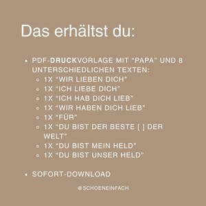 May include: A beige graphic with the text "Das erh&auml;ltst du:" and a list of phrases in German, including "Wir lieben dich" and "Ich liebe dich." The graphic also includes the text "SOFORT-DOWNLOAD" and the Instagram handle @SCHOENEINFACH.