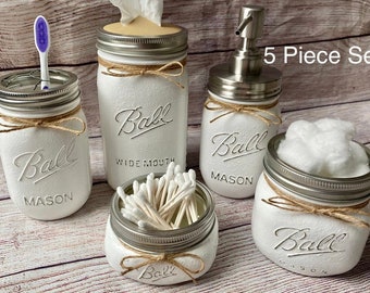 5 Pcs Set of Country Farmhouse Bathroom Decor Mason Jar Bathroom Set Rustic Bathroom Decor Country Chic Bathroom Decorations, Housewarming