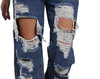 Ripped Jeans, Womens, Distressed, high Waisted, Jeans for Women, Trendy, Wide Straight Leg