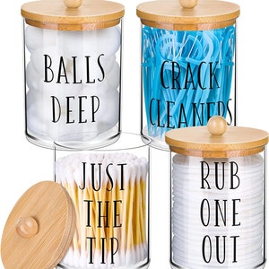 4 Pack Apothecary Jars With Lids,10 Oz Clear Bathroom Organizer Storage for  Cotton Ball, Cotton Swab, Bathroom Decor, Gift, Funny 