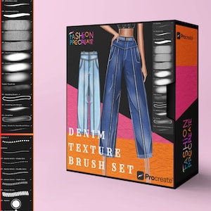 Puede incluir: Una caja de pinceles de Procreate para crear texturas de mezclilla. La caja es naranja y rosa con el texto "FASHION PROCREATE" y "DENIM TEXTURE BRUSH SET". La caja presenta una ilustración digital de un par de jeans azules.