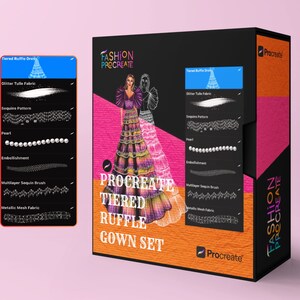 May include: A Procreate brush set for creating tiered ruffle gowns. The set includes brushes for glitter tulle fabric, sequins, pearls, embellishments, and multilayer sequins. The set is designed for fashion illustration and digital art.