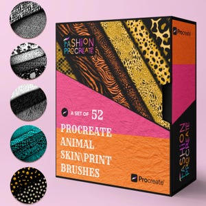 Puede incluir: Un conjunto de 52 pinceles Procreate para piel y estampado de animales para arte digital. La caja presenta un fondo rosa con una variedad de estampados de animales, incluyendo cebra, leopardo y tigre.