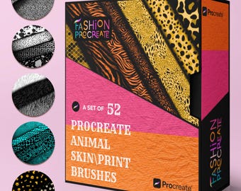 May include: A set of 52 Procreate animal skin and print brushes for digital art. The box features a pink background with a variety of animal prints, including zebra, leopard, and tiger.