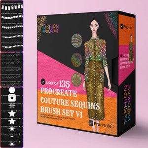 May include: A set of 135 Procreate Couture Sequins Brush Set V1. The set includes sequin glitter fillings, sequin stamps, and couture sequin brushes. The image shows a fashion illustration of a woman wearing a dress covered in sequins.
