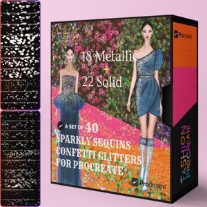 Op de afbeelding: Een set van 40 glinsterende pailletten, confetti en glitterpenselen voor Procreate. De penselen worden getoond op een roze en oranje achtergrond met een mode-illustratie van een vrouw die een blauwe paillettenjurk draagt. De tekst "FASHION PROCREATE" staat aan de rechterkant van de afbeelding.