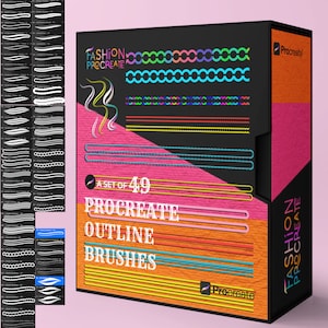 May include: A set of 49 Procreate outline brushes for digital art. The box features a colorful design with the text "Fashion Procreate" and "A set of 49 Procreate Outline Brushes".