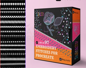 Könnte beinhalten: Ein schwarzes Box-Set mit dem Text "A SET OF 97 EMBROIDERY STITCHES FOR PROCREATE" und dem Procreate-Logo. Die Box zeigt ein Blumendesign mit rosa, blauen und orangefarbenen Akzenten. Auf der linken Seite befindet sich ein schwarz-weißes Muster.