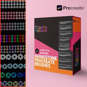 Könnte beinhalten: Ein Set mit 9 Procreate-Pinseln zum Erstellen von Strass-Designs. Die Pinsel heißen "Rhinestone Flower Dual Color 02", "Rhinestone Flower Solid Color", "Rhinestone Flower Multicolor with Texture", "Rhinestone Flower Multicolor Lighter 04", "3 Lines Rhinestone Chain Dual Color 03", "3 Lines Rhinestone Chain Dual Color 02", "3 Lines Rhinestone Chain Multicolor with White", "2 Lines Rhinestone Chain Multicolor" und "2 Lines Rhinestone Chain Solid Color".