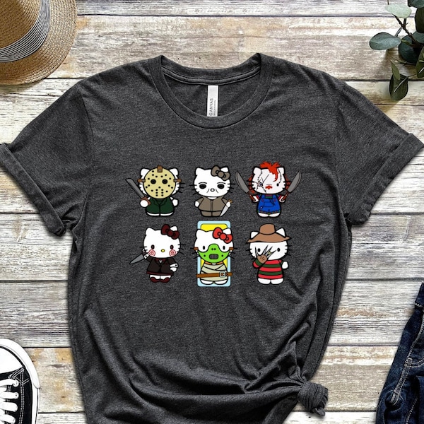 Halloween Hello Movie Kitty Shirt - Kitty Horror Movie Villains, Kitty in Scary Movie Costume, Freddy, Jason, Hannibal, Chucky